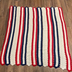 Vintage Crocheted Red, White and Blue Handmade Blanket